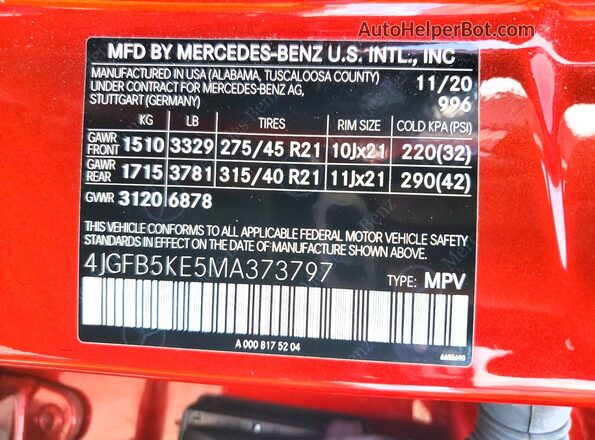 4JGFB5KE5MA373797 2021 MERCEDES-BENZ GLE Red Widok naklejki z numerem VIN