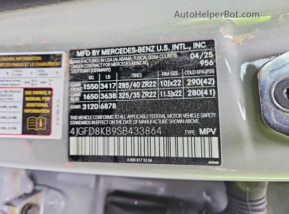 4JGFD8KB9SB433864 2025 MERCEDES-BENZ GLE Серый Вид наклейки с VIN-кодом