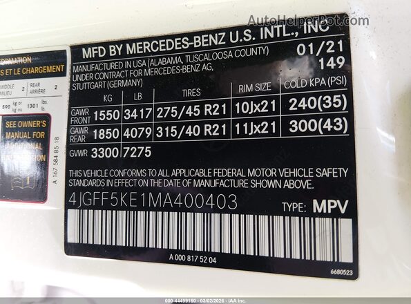 4JGFF5KE1MA400403 2021 MERCEDES-BENZ GLS 450 White Engine compartment view