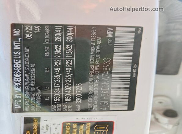 4JGFF5KE3NA748933 2022 MERCEDES-BENZ GLS White Widok naklejki z numerem VIN