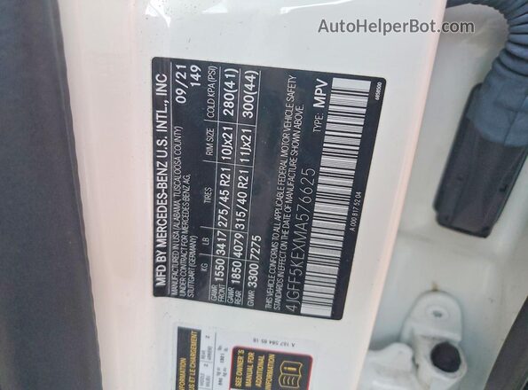 4JGFF5KEXMA576625 2021 MERCEDES-BENZ GLS White Vista de la etiqueta del VIN