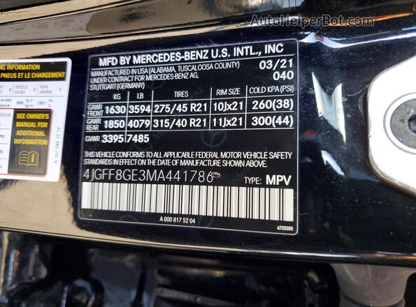 4JGFF8GE3MA441786 2021 MERCEDES-BENZ GLS Black Vista de la etiqueta del VIN