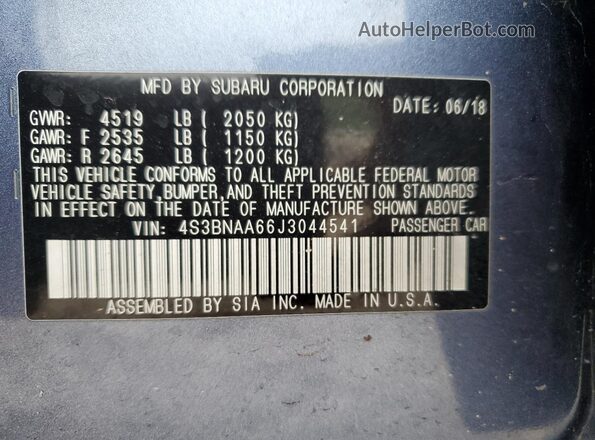 4S3BNAA66J3044541 2018 SUBARU LEGACY Blue ძრავის განყოფილების ხედი