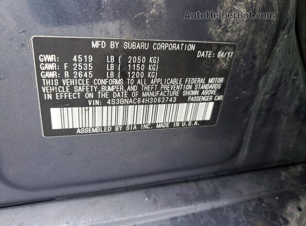 4S3BNAC64H3063743 2017 SUBARU LEGACY Gray ძრავის განყოფილების ხედი