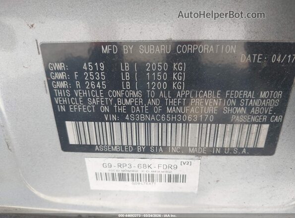 4S3BNAC65H3063170 2017 SUBARU LEGACY Silver Engine compartment view