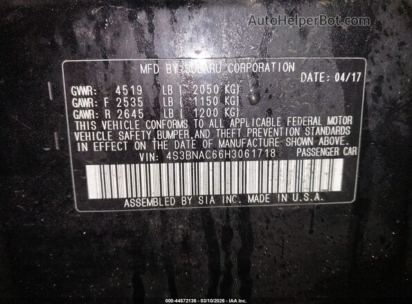 4S3BNAC66H3061718 2017 SUBARU LEGACY Black ძრავის განყოფილების ხედი