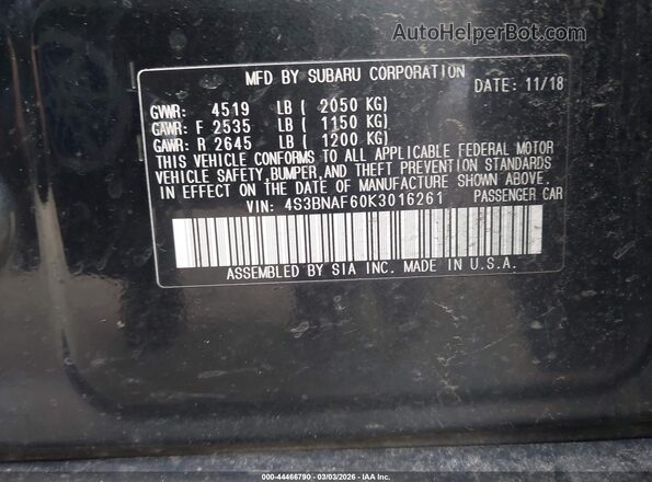 4S3BNAF60K3016261 2019 SUBARU LEGACY Black 