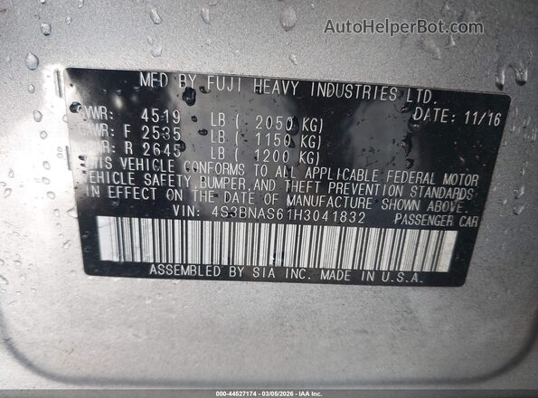 4S3BNAS61H3041832 2017 SUBARU LEGACY Silver Engine compartment view