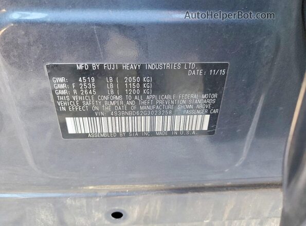 4S3BNBD62G3023258 2016 SUBARU LEGACY Charcoal VIN sticker view