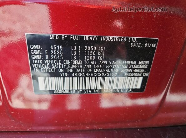 4S3BNBF6XG3033422 2016 SUBARU LEGACY Maroon Widok komory silnika