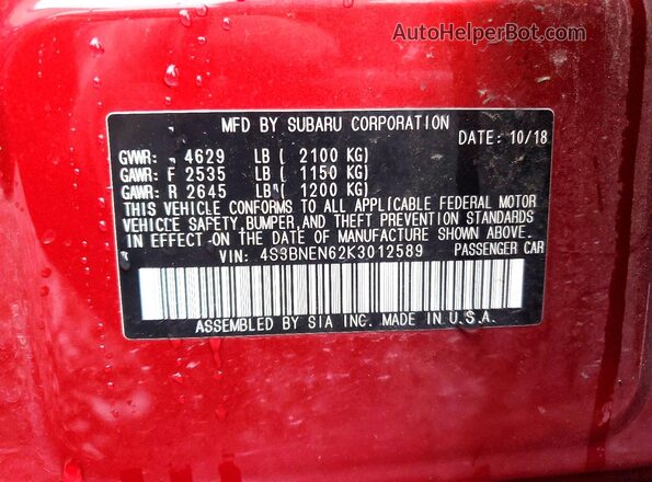 4S3BNEN62K3012589 2019 SUBARU LEGACY Red Շարժիչի բաժամունքի տեսք