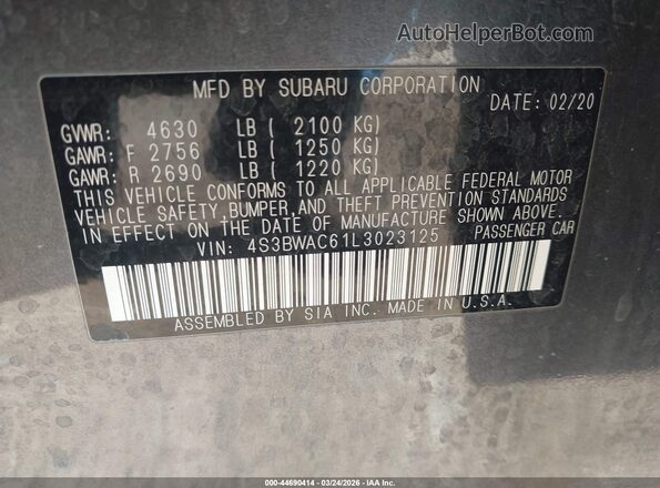 4S3BWAC61L3023125 2020 SUBARU LEGACY Gray Вид підкапотного простору