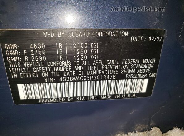 4S3BWAC65P3013476 2023 SUBARU LEGACY Blue Շարժիչի բաժամունքի տեսք