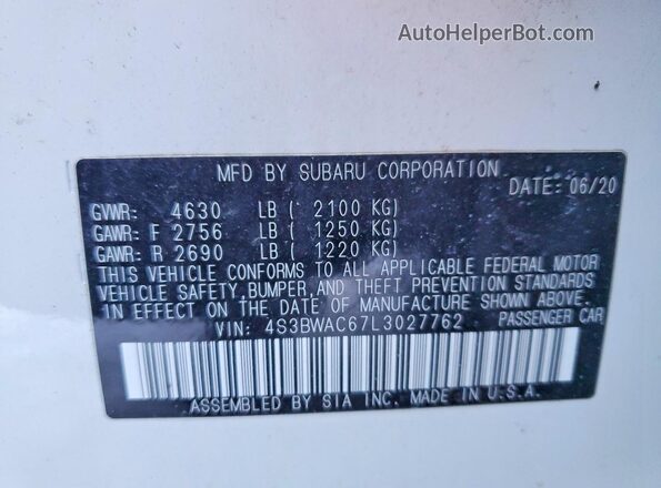 4S3BWAC67L3027762 2020 SUBARU LEGACY White Սալոնի 360 աստիճան տեսք