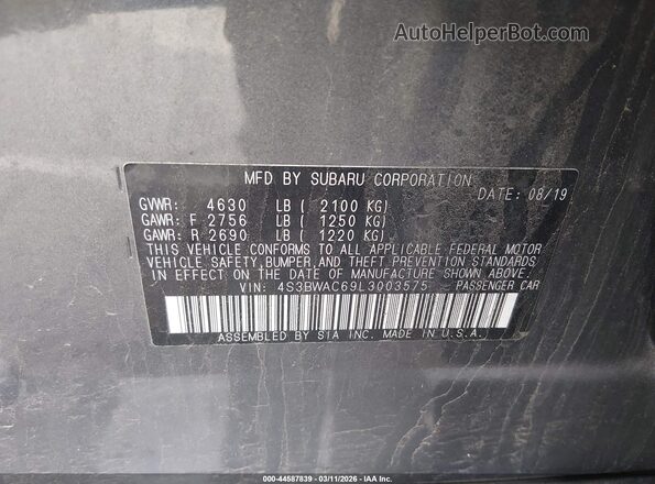 4S3BWAC69L3003575 2020 SUBARU LEGACY Gray Vista del compartimento del motor