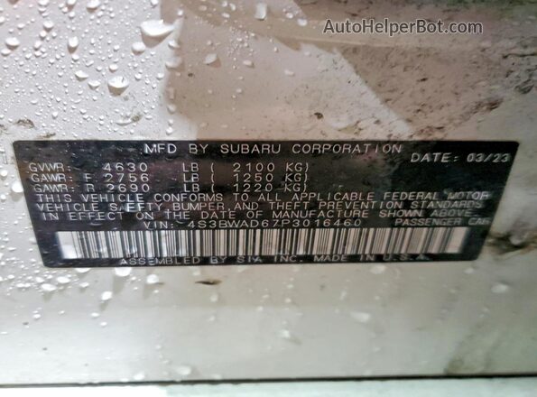 4S3BWAD67P3016460 2023 SUBARU LEGACY White Widok naklejki z numerem VIN