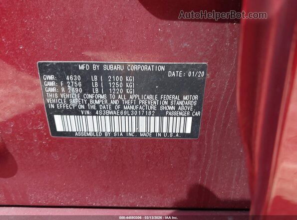 4S3BWAE69L3017182 2020 SUBARU LEGACY Red Vista del compartimento del motor