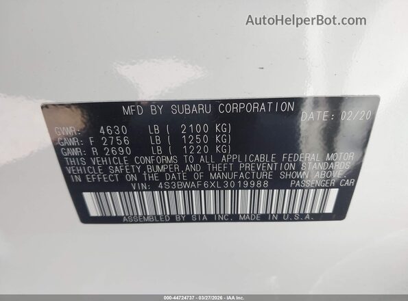 4S3BWAF6XL3019988 2020 SUBARU LEGACY Белый Вид подкапотного пространства
