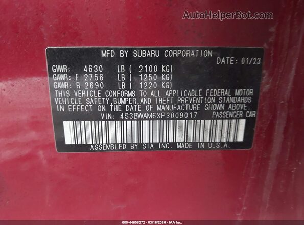 4S3BWAM6XP3009017 2023 SUBARU LEGACY Бордовый Вид подкапотного пространства
