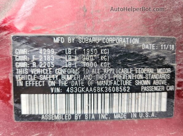 4S3GKAA68K3608562 2019 SUBARU IMPREZA Burgundy 