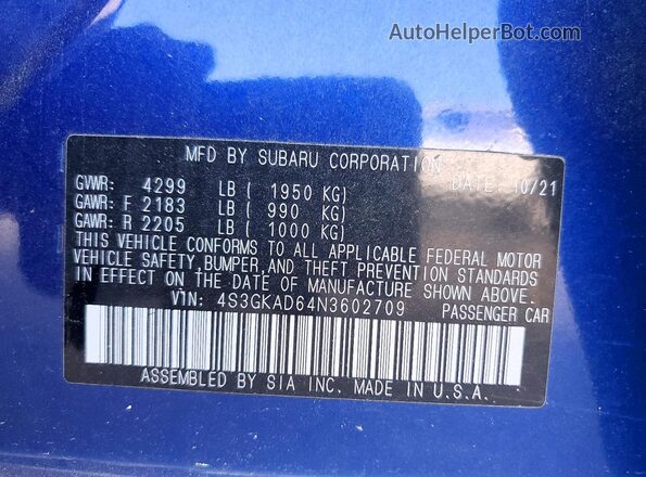 4S3GKAD64N3602709 2022 SUBARU IMPREZA Blue Vista de la etiqueta del VIN