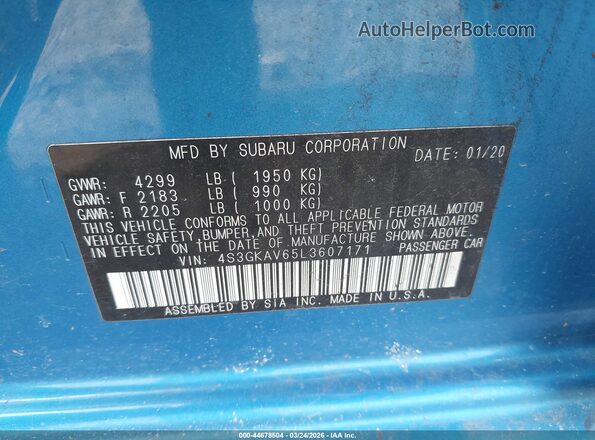 4S3GKAV65L3607171 2020 SUBARU IMPREZA Blue Widok komory silnika