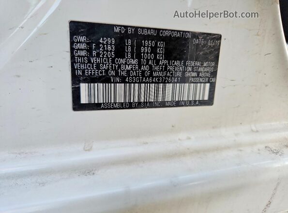 4S3GTAA64K3726041 2019 SUBARU IMPREZA White 