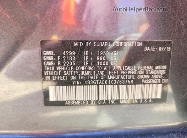 4S3GTAC61K3753758 2019 SUBARU IMPREZA Gray 