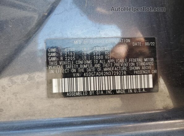 4S3GTAD62N3729228 2022 SUBARU IMPREZA Gray Widok naklejki z numerem VIN