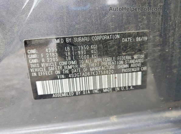 4S3GTAD67K3758820 2019 SUBARU IMPREZA Charcoal 