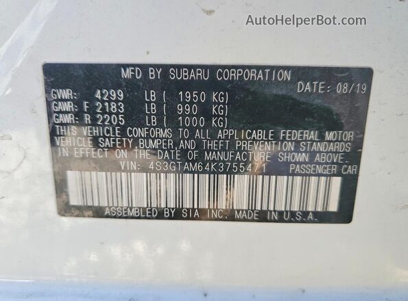 4S3GTAM64K3755471 2019 SUBARU IMPREZA White Панорамний вид салону 360°