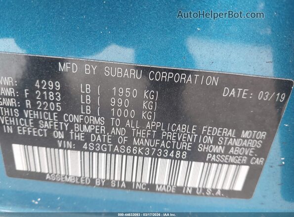 4S3GTAS66K3733488 2019 SUBARU IMPREZA Blue 