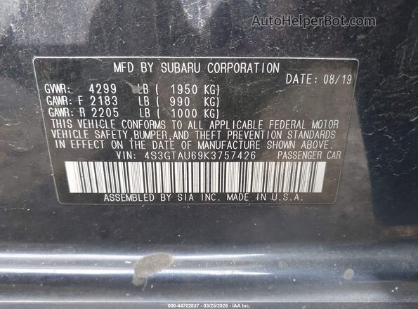4S3GTAU69K3757426 2019 SUBARU IMPREZA Dark Blue Вид підкапотного простору