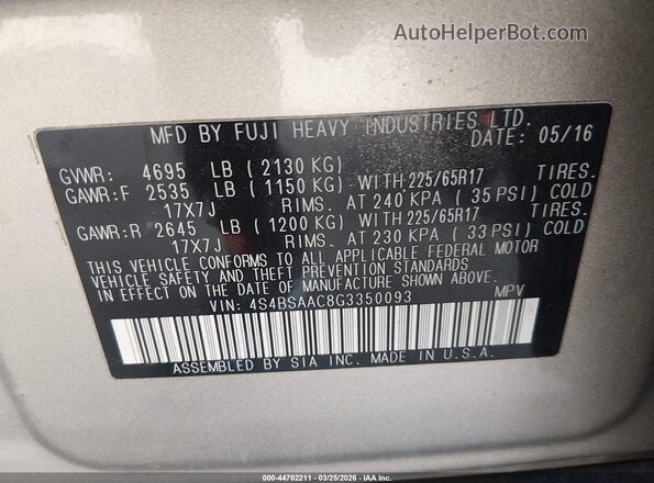 4S4BSAAC8G3350093 2016 SUBARU OUTBACK Tan Engine compartment view