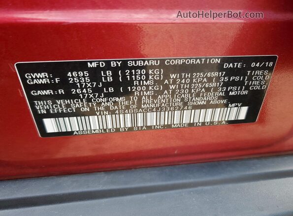 4S4BSACC4J3362746 2018 SUBARU OUTBACK Maroon Вид наклейки з VIN-кодом