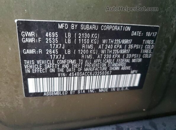 4S4BSACC6J3250367 2018 SUBARU OUTBACK Зеленый Вид наклейки с VIN-кодом