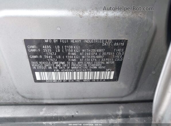 4S4BSADC3H3248729 2017 SUBARU OUTBACK Silver Vista del compartimento del motor