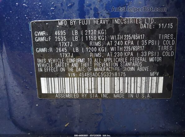 4S4BSADC5G3258175 2016 SUBARU OUTBACK Blue Вид підкапотного простору