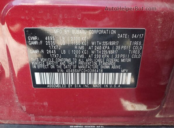 4S4BSAFC0H3386418 2017 SUBARU OUTBACK Red Շարժիչի բաժամունքի տեսք
