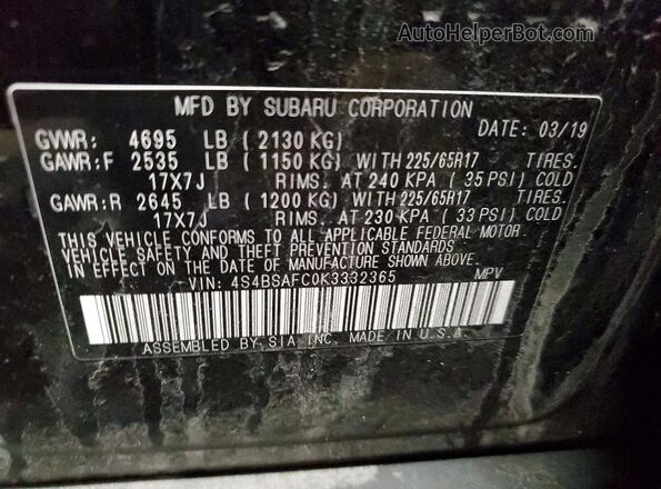4S4BSAFC0K3332365 2019 SUBARU OUTBACK Black 