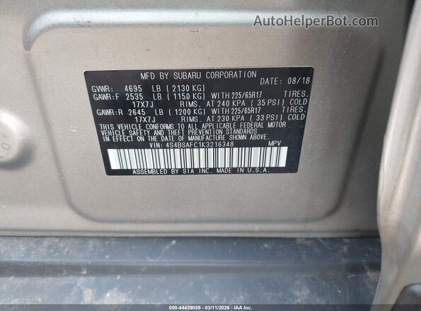 4S4BSAFC1K3216348 2019 SUBARU OUTBACK Silver ძრავის განყოფილების ხედი