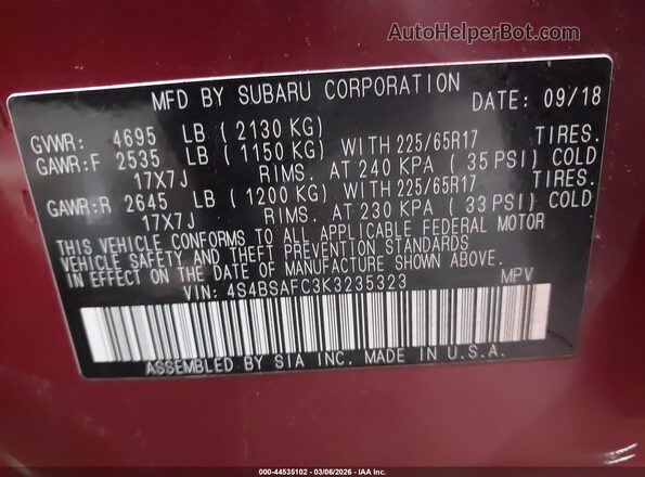 4S4BSAFC3K3235323 2019 SUBARU OUTBACK Red 