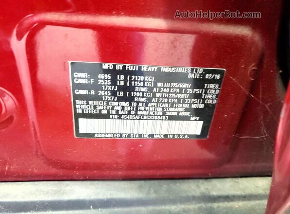 4S4BSAFC8G3308483 2016 SUBARU OUTBACK Red VIN sticker view