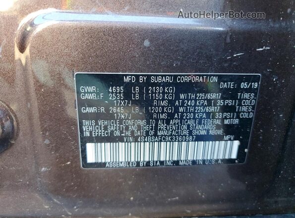 4S4BSAFC9K3360987 2019 SUBARU OUTBACK Brown 