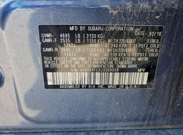 4S4BSAFCXJ3309058 2018 SUBARU OUTBACK Синий Вид наклейки с VIN-кодом