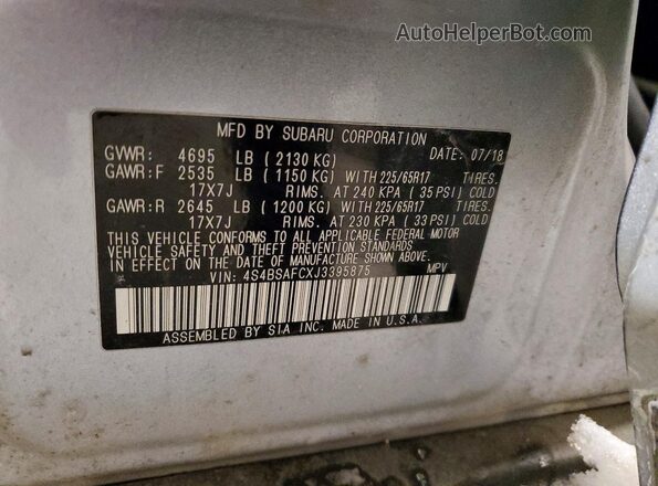 4S4BSAFCXJ3395875 2018 SUBARU OUTBACK Silver VIN կոդի պիտակի տեսք