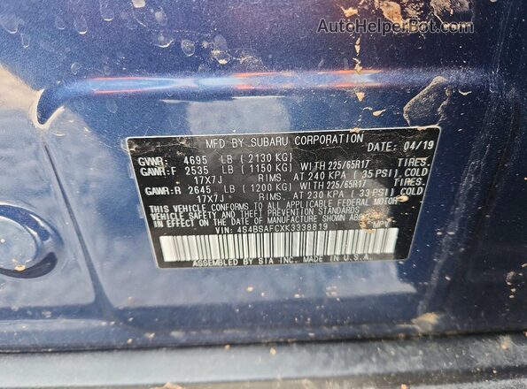 4S4BSAFCXK3338819 2019 SUBARU OUTBACK Blue 