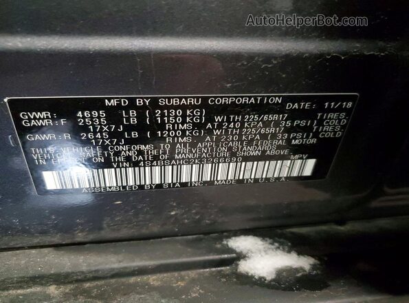 4S4BSAHC2K3266690 2019 SUBARU OUTBACK Gray VIN կոդի պիտակի տեսք