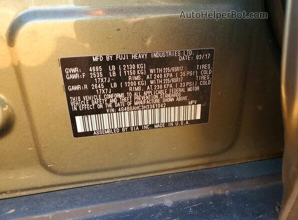4S4BSAHC3H3361042 2017 SUBARU OUTBACK Green Вид наклейки з VIN-кодом