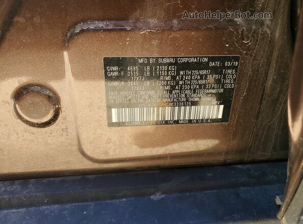 4S4BSAHC4K3336125 2019 SUBARU OUTBACK Brown ძრავის განყოფილების ხედი